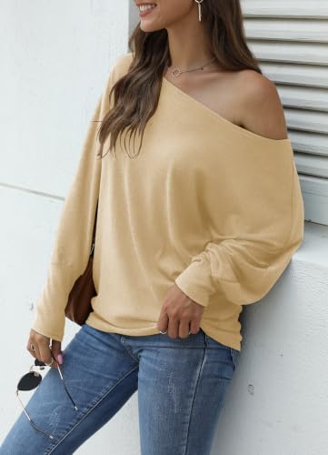 Image of Aifer Women's Off The Shoulder Tops Sexy Long Sleeve Shirts Oversized Fashion Casual Batwing Sweaters Pullover Tunic Tops