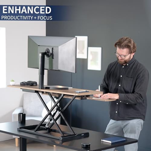 Image of VIVO 42 inch Desk Converter, K Series, Height Adjustable Sit to Stand Riser, Dual Monitor and Laptop Workstation with Wide Keyboard Tray, Reclaimed Wood Top, Black Frame, DESK-V042KP