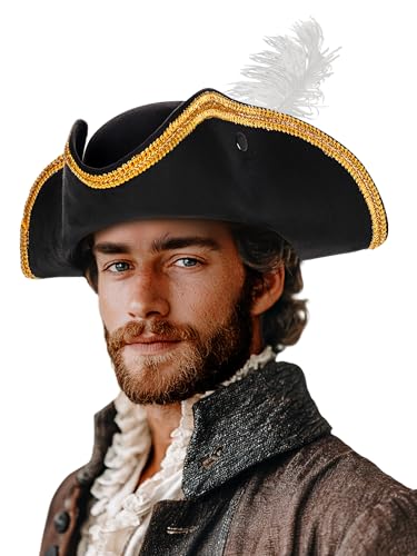Ibeauti Pirate Hat for Women Men Colonial Tricorn Hat Halloween Pirate Costume Accessories (Black Feather)