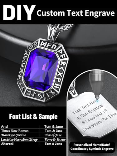 Image of ChainsHouse Viking Rune Pendant Necklace for Men Women, Punk Biker Black Metal /316L Stainless Steel Onyx Norse Vintage Amulet Necklaces with Black /Red /Green /Blue Gemstone, Send Gift Box