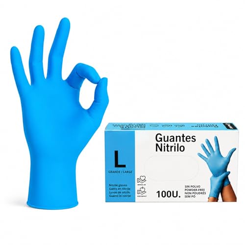 Guantes nitrilo desechables quirurgicos, alimentación, taller, industria y montaje, 100% Libres de Latex, polvo y agentes alergénicos, Diseño Ambidiestro, Un solo uso, Pack 100 unidades, Talla L, azul