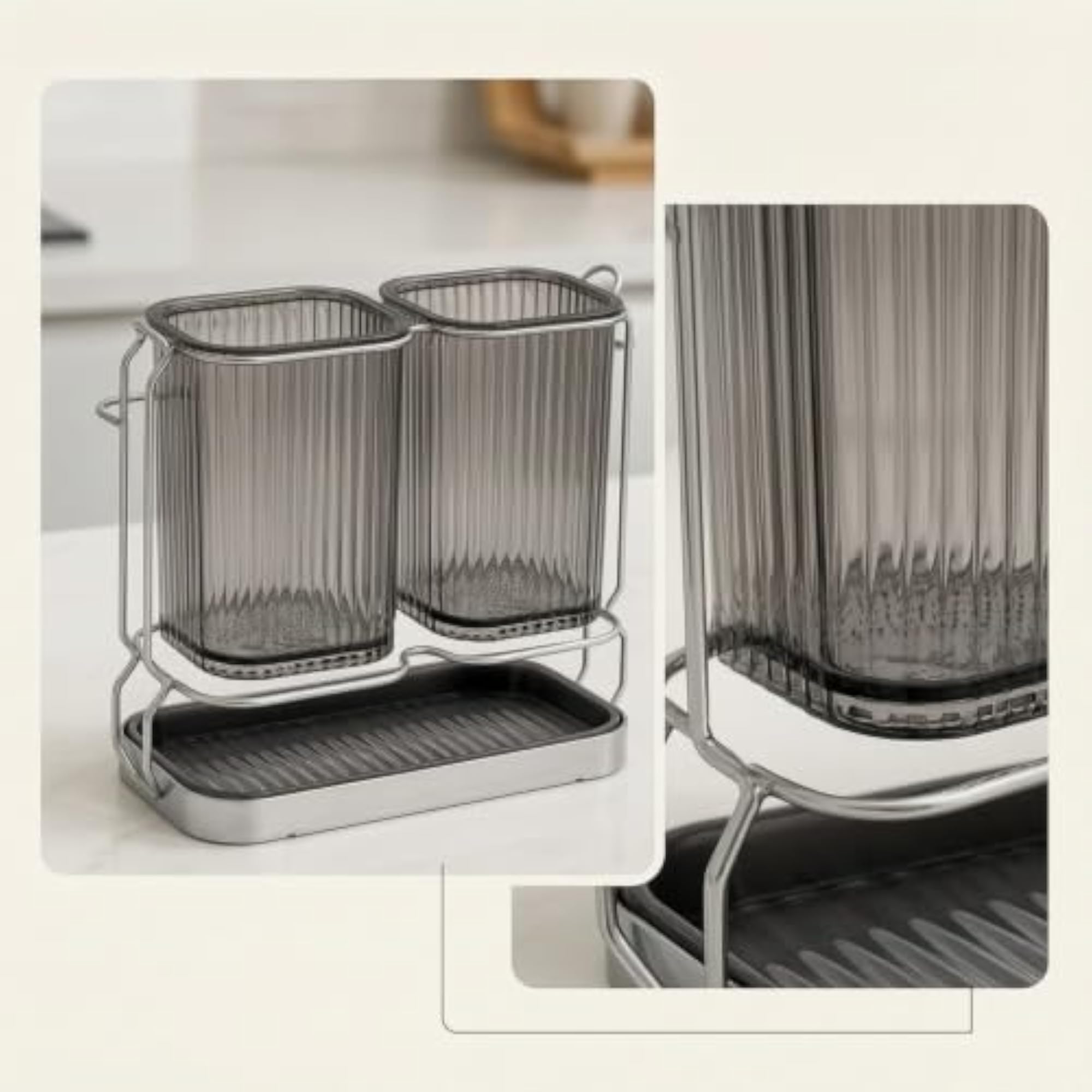 2-Compartment Utensil Holder with Drain Tray, Clear-White