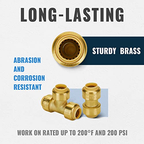 Image of SUNGATOR 15-Pack Push Fitting 1 /2 Inch, Coupling (10 PCS), Tee (5 PCS) | Brass Pex Fittings Assortment, Push-to-Connect, for Pex Pipe, Copper, CPVC, PE-RT, with 1 Disconnect Clip