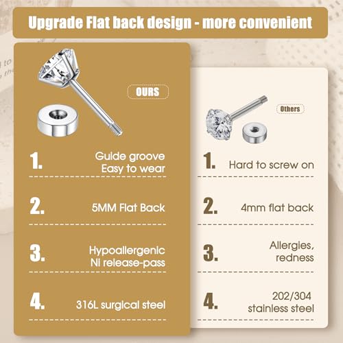 YADOCA Small Hypoallergenic Surgical Steel Earrings for Sensitive Ears - Flat Back Earrings for Women Men - 20G Tiny Cubic Zirconia Opal Hoop Studs - FlatBack Stud Cartilage Earring Sets for Multiple Piercing3