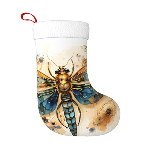 WHJWZY Calcetín decorativo de Navidad, para días festivos, fiestas, Navidad, Halloween y Año Nuevo, diseño de libélula dorada sobre fondo amarillo