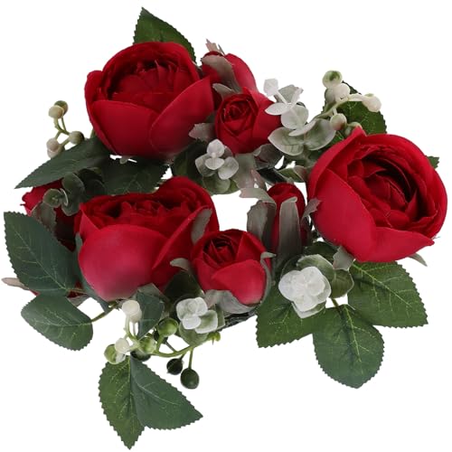 DIYEAH Corona di Anelli di Candela Nuziale Rose Artificiali Fucsia Centrotavola Floreale Decorativo per Feste di Matrimonio e Ghirlanda da Tavolo Elegante per Eventi e Compleanni