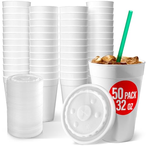 32 Oz Styrofoam Cups with Lids (50 Pack) Large Foam Cups for Hot and Cold Drinks Insulated White Styrofoam Coffee Cups Soda Juice Tea - Made in USA
