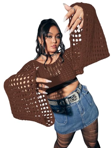 Image of Floerns Women's Plus Size Boat Neck Long Sleeve Crochet Cropped Sweater