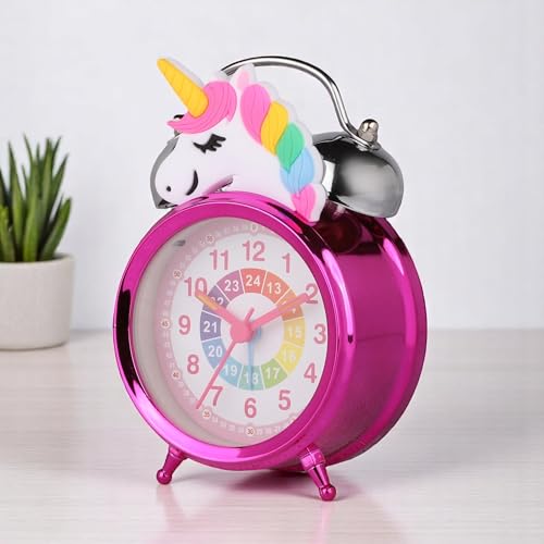 Image of De'rons Twin Bell Analog Table Alarm Clock with Backlight for Heavy Sleepers Alarm Clock for Students Funny Cute Cartoon Unicorn Shape Alarm Clock for Girls Kids Boys Bedroom 12 x 8 cm (Pink)