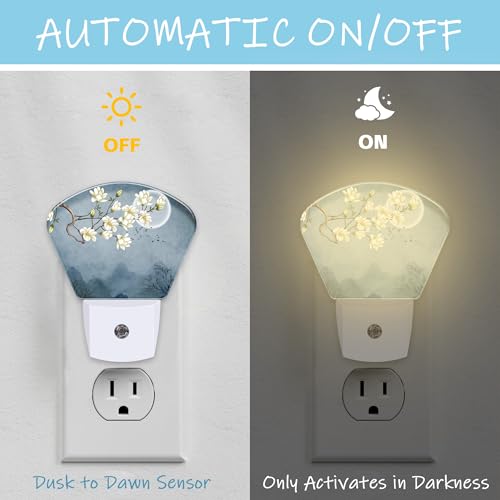 Image of Night Light White Magnolia Flowers Plug-in LED Dusk-to-Dawn Sensor Soft Night Lamp,Suitable for Home Bedroom Bathroom Hallway Stairs