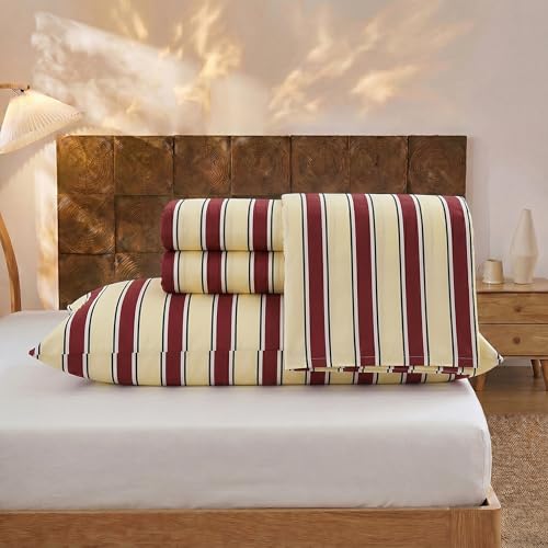 Image of Merryword 100% Cotton Sheet Set Queen Size - Burgundy & Cream Striped Bedding, Soft Breathable Percale Weave, Deep Pocket Fitted Sheet 17.5 inch, Luxury & Silky Soft Sheet Set for All Seasons