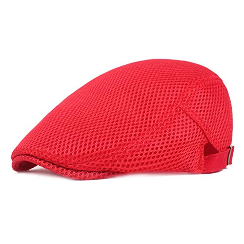 Elonglin Breathable Mesh Flat Cap Summer Sun Hat Newsboy Beret Cap Adjustable for Men Women Red-A