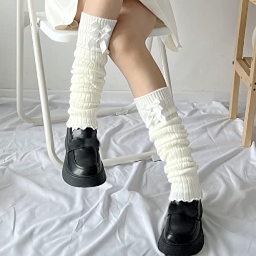 Fitu Womens 2 Pairs Knee High Leg Warmers Lolita Style Cute Ribbed Knitted Long Boot Socks For Party Sports Casual Socks(2 Pairs White Mixed2 Xn178179) #TOP4