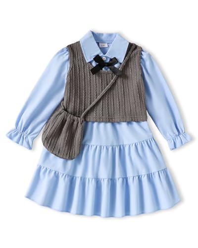 Toddler Little Girls Dress Fall Winter Clothes Long Sleeve Shirt Dresses and Knit Vest Set Kids Girls Outfits