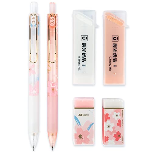 BelugaDesign Sakura Lápis apagador Set | Lindo Kawaii pastel rosa branco japonês flor de cerejeira | ponta fina 0,5 mm chumbo Refilll papelaria escola escritório suprimentos Set