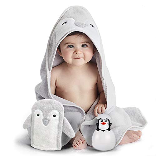 Image of Happy & Sweet Baby Gift Set - Bamboo Viscose Hooded Penguin Bath Towel, Mitt Washcloth, and Squirt Bath Toy for Boys and Girls - Gray - Bonus eBook Included