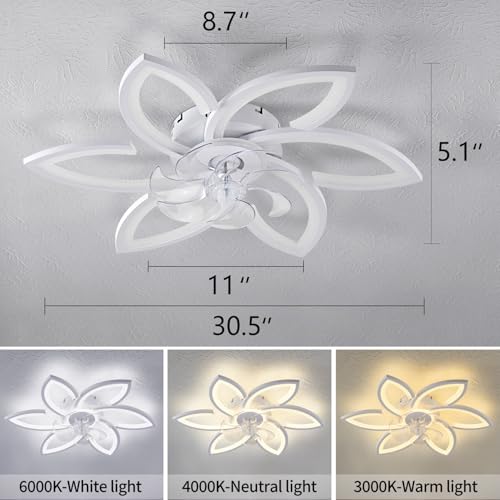 Dalouguan Ceiling Fan with Lights Remote Control, White Flower Ceiling Fan with Light, 3 Light Color Modern Low Profile Flush Mount Ceiling Fan for Kitchen Bedroom Living Room — view 3