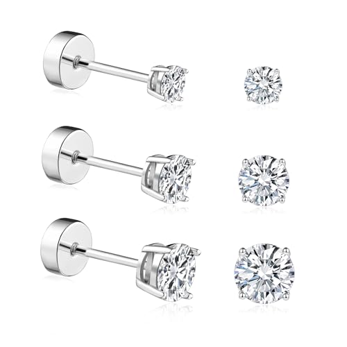 Flat Back Moissanite Stud Earrings: 3 Pairs Imitation Diamond Hypoallergenic Screw on Cartilage Helix Piercing Sensitive Ear Studs Set - 18K White Gold Plated Sterling Silver Earring for Women Men