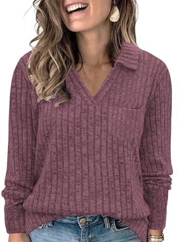Image of VISLILY Womens-Plus-Size-Tops Collared V Neck Polo Shirts Lightweight Long Sleeve Sweaters Trendy Pocket Decor Tunic Blouses