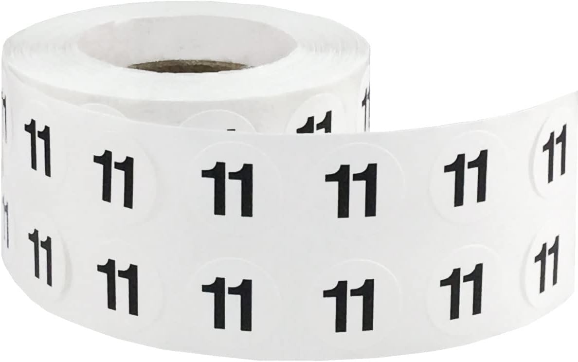 1/2" Inch Number 11 Stickers, Semi-Gloss White Round Labels with Black Text, 1000 Labels on a Roll, Perfect for Home Organization and Office Management, Permanent Adhesive