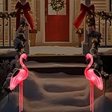 Solar Christmas Decorations Lights Outdoor, 2 Pack Pink Flamingos for Yard Decor, Flamingo Garden Decor, Waterproof Party Lawn Patio Outside Pathway Walkway Landscape Ornaments for Housewarming Gift