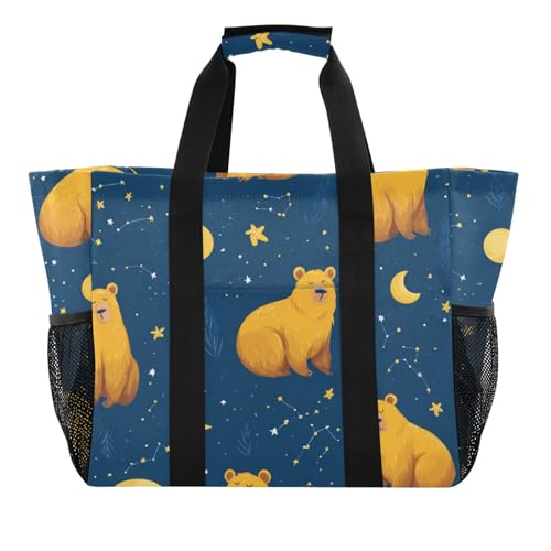 Bear with Moon Pattern Beach Tote Pool Bags for Women Ladies Large Waterproof Gym Tote Carry On Bag for Weekender Swim Gym Shopping Travel Daily Bag