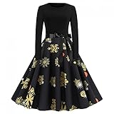 Aukbays Weihnachtskleid Damen Sexy Weihnachten Kleid Elegant Langarm Cocktaikleider Vintage Christmas Retro Abendkleid Partykleid Cocktailkleid Festival A-Linie Party Kleider