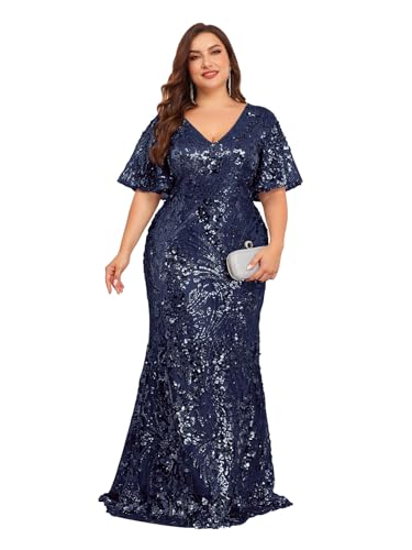 Image of Plus Size Glamous Short Sleeves Womens Sequin Dress Formal Gowns Evening Glitter Mermaid Prom Dress