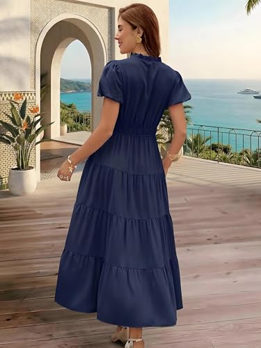 Image of ECOWISH Summer Maxi Dress for Women Casual Flowy V Neck Short Sleeve A Line Empire Waist Tiered Long Dresses with Pockets