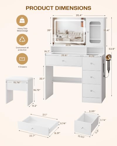 Image of LIVELYGLOW 35.4 inch White Makeup Vanity Desk with Glass Top & Acrylic Cabinet