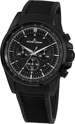 JACQUES LEMANS Herrenuhr Liverpool Silikonband massiv Edelstahl ip-black Chronograph 1-1799ZB