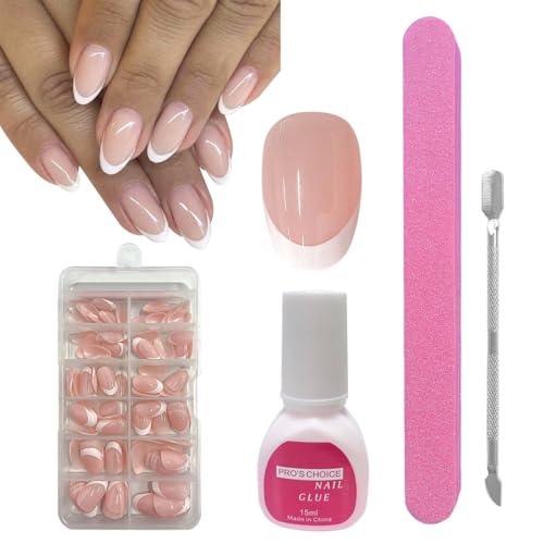 ZAHRVIA Uñas Postizas Francesas - Uñas Postizas Cortas Redondas - Kit de Uñas Postizas Francesas con Punta Blanca - Uñas Postizas con Pegamento (Elipses Cortas)
