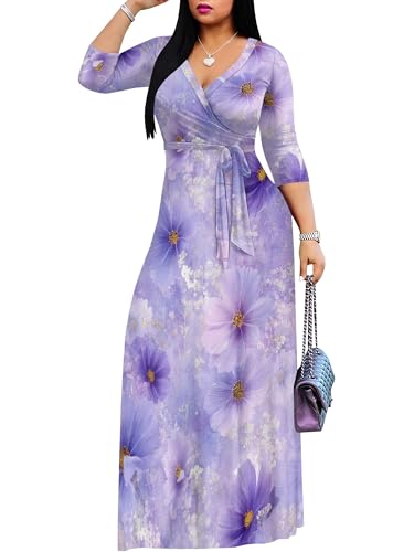 Image of PinkPatty Plus Size Dresses for Curvy Women V Neck Flowy Long Sleeves Wrap Maxi Dress Travel Vacation Outfits