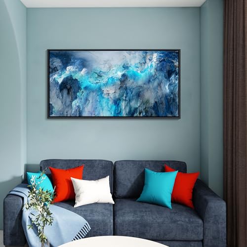 Image of Mofutinpo Large Abstract Canvas Art | Framed Modern Contemporary Wall Decor for Living Room, Bedroom, and Office | Blue Abstract Wall Pictures| Home Decorations Artwork for Walls 24 x48in