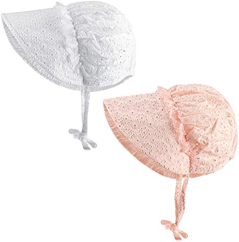 Bennim 2 Pieces Baby Girls Sun Hat Baby Breathable Bonnet Hollow Sun Protection Floppy Beach Hat Vacation Caps Newborn Baby Hats White, Pink