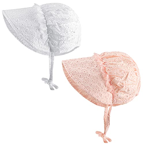 Bennim 2 Pieces Baby Girls Sun Hat Baby Breathable Bonnet Hollow Sun Protection Floppy Beach Hat Vacation Caps Newborn Baby Hats White, Pink