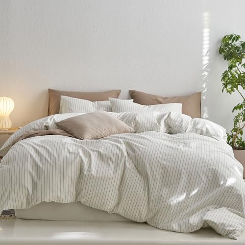 MooMee Striped Duvet Cover Set 100% Washed Cotton Linen Like Textured Breathable Durable Soft Comfy (White Sage Green Wide Stripes, Queen 90