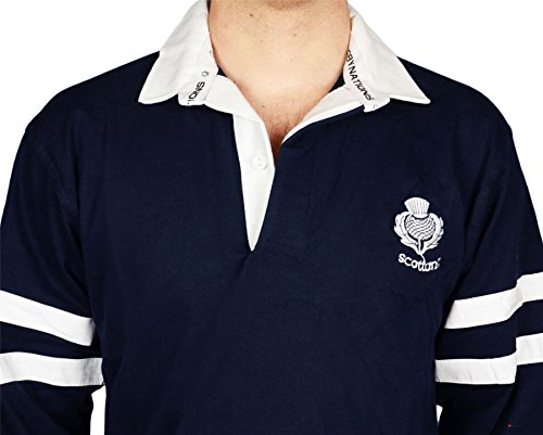 I LUV LTD Gents Scottish Rugby Shirt 2 Stripe and Thistle Long Sleeve Navy Medium