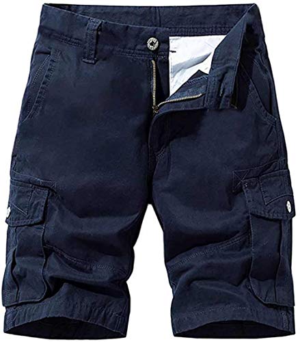Pantalones Cortos Cargo para Hombre Bermudas de Trabajo Pantalón Corto Regular Fit Vintage Shorts con cinturón a Juego el Verano Pantalón Deportivo Estilo Casual (Azul Marino, M) Cover