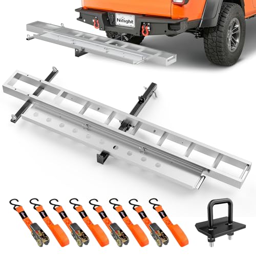 Image of Nilight Motorcycle Hitch Carrier 400LBS, Lightweight Robust Aluminum Dirt Bike Hitch Hauler with 55.11 inch Longer Ramp, Pin Lock, Tie-Down Strap and Tightener, 2 inch Receiver, 5 inch Wide Tire