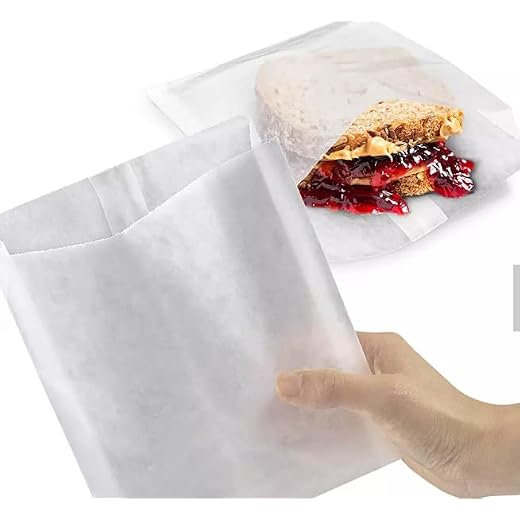 100 Pcs DECONY Waxed Paper Sandwich Bags- Glassine Style Grease Resistant, Wax Paper Bags & Cookie Sleeves Paper Treat Bags- White Paper Snack Bags for Bakery, Shop or Party- 6 x 7 x 3/4 Inches
