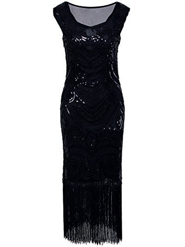 Vijiv Long Prom Vintage Fringe Sequin Art Nouveau Deco Flapper 1920s Dress,Black,Small