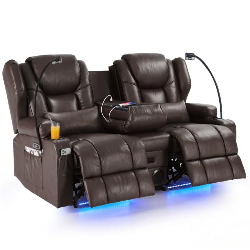 Image of Redlife Power Loveseat Recliner Sofa with Console, PU Leather Dual Reclining Couch with Blue LED Lights, Bluetooth Speakers, USB Ports, Phone Holders, Home Theater & RV Recliner (Brown)