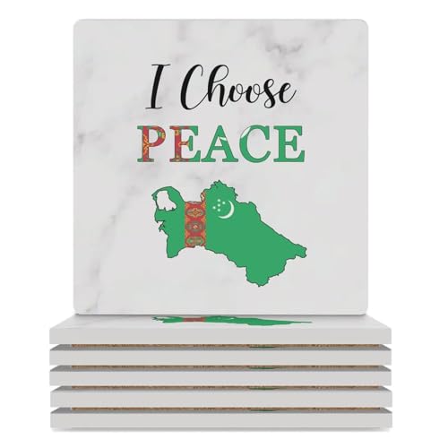 Lot de 6 dessous de verre en céramique avec drapeau du pays du Turkménistan I Choose Peace - Protection de table, table basse pour la maison et la cuisine