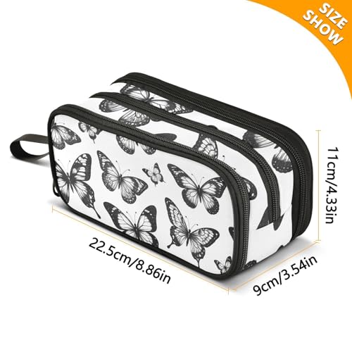 Image of Black White Butterflies Large Capacity Pencil Case Box Boys Girls Big Stationery Pen Bag Organizer Pencil Pouch Zipper Compartments for School Office