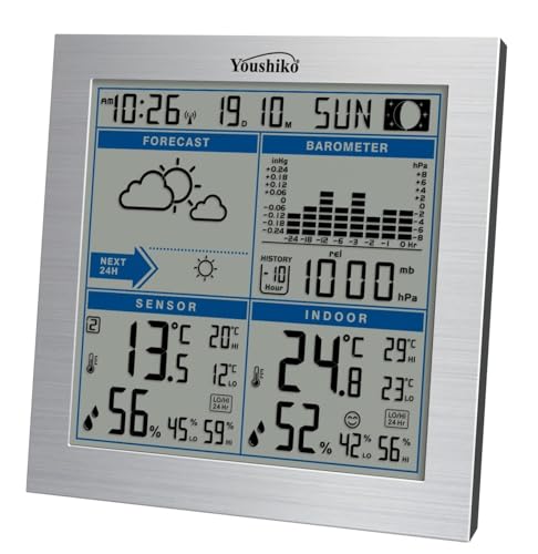 Image of Youshiko Large Wireless Weather Station, Radio Controlled Clock (2026 UK Version), Indoor Outdoor Temperature Thermometer, Humidity, Barometric Pressure, Maximum & Minimum with 24 Hour Auto Reset