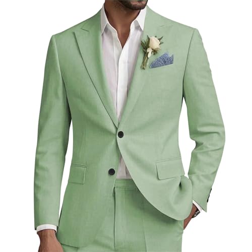 Men Linen Suits Set 2 Piece Linen Beach Wedding Suit Slim Fit Two Button Casual Lightweight Blazer Jacket