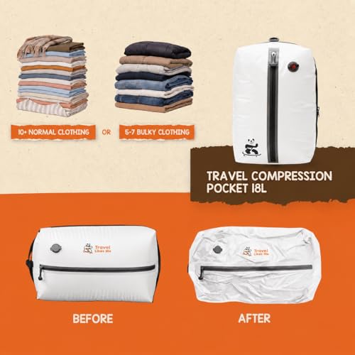 Image of Travel Likes Me Storage Vacuum Bags - Travel Essentials,Clothes Packing,Large Ziplock Bag with Vacuum,AirZip Lock Compression,Backpack Clothing,Space Suction (18 L White and Black-With Air Pump)