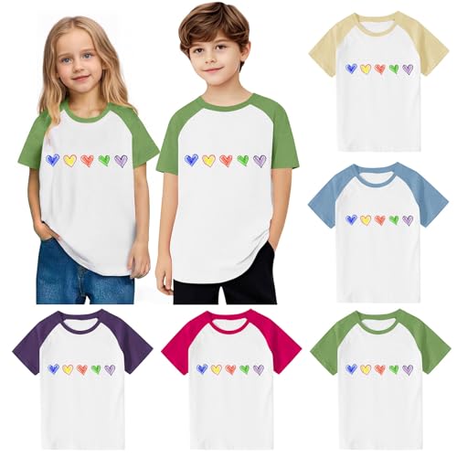 Girls Rainbow Cute Heart Print Tops Color Block Loose Crewneck Summer T-Shirts Kids Basic Short Sleeve Tees for 3-14 Years2