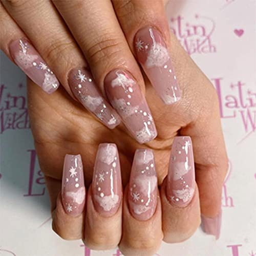 Bmadge Glossy Pink Press on Nails Medium Coffin Fake Nails Cloud Snowflake Full Cover Artificial False Nails Tips for Women and Girls 24Pcs (Pink A)